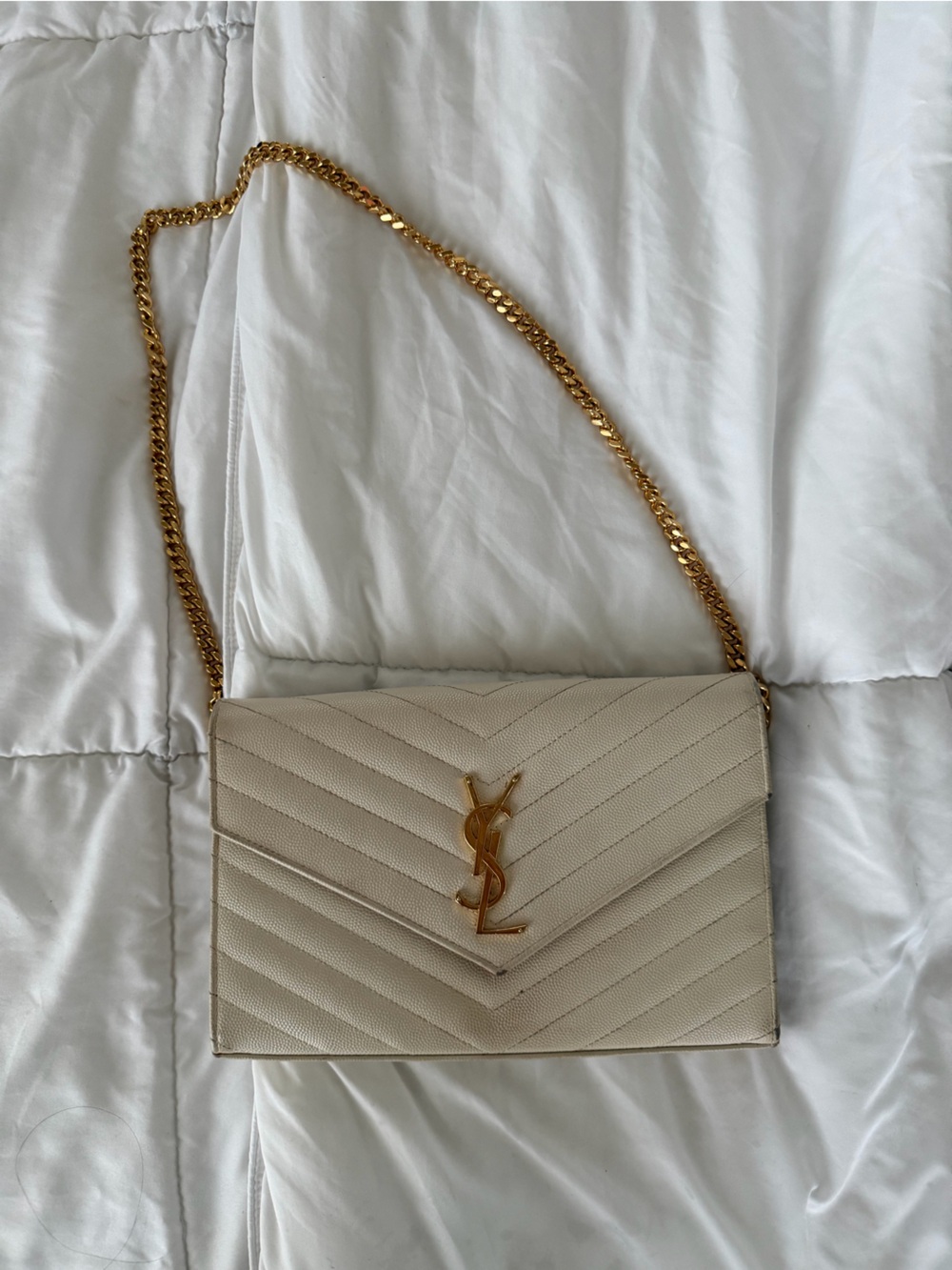 Saint Laurent Beige Quilted Leather Crossbody with Gold Chain